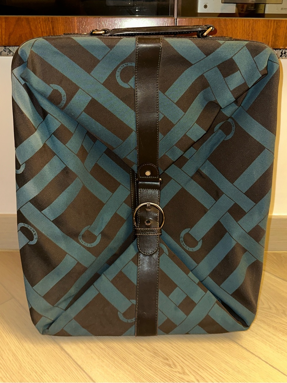 Lancel Teal & Brown Patterned Travel Case with Leather Trim